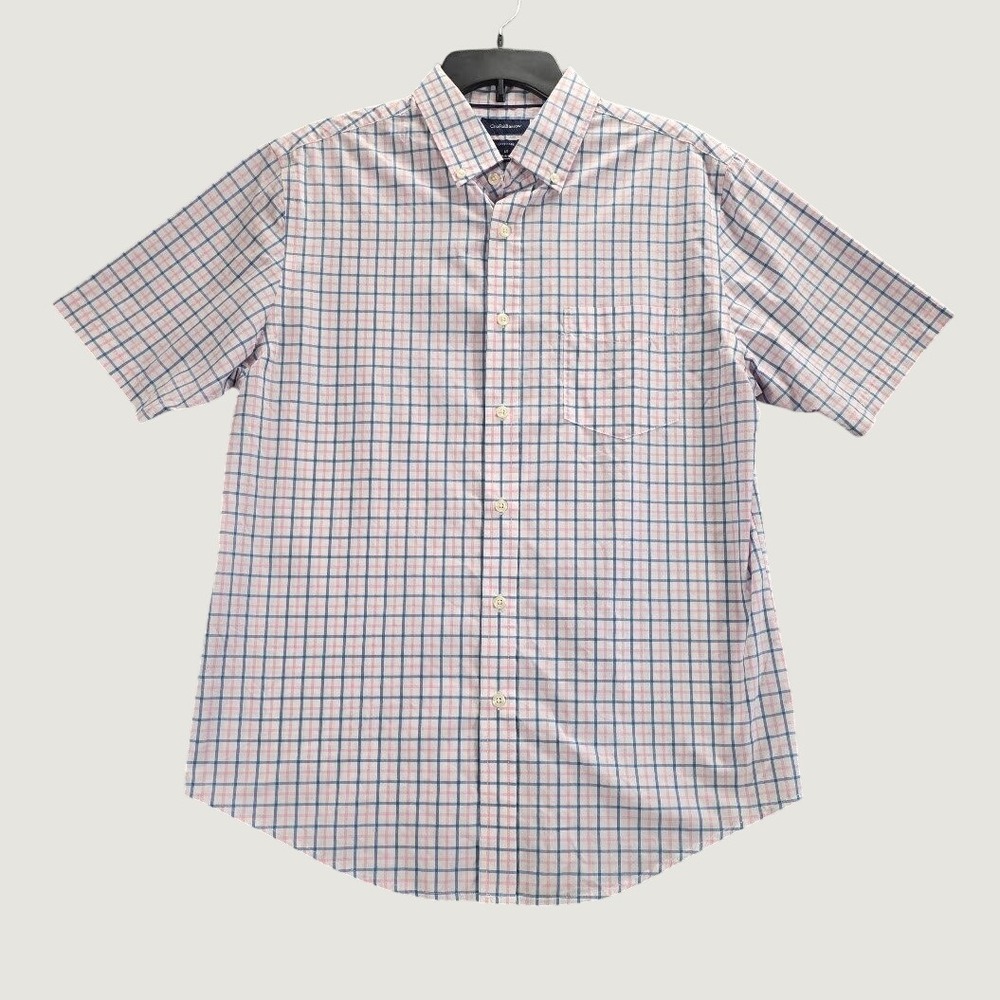 Croft & Barrow Mens Size M Pink Blue Plaid Short Sleeve Button Down Shirt‎